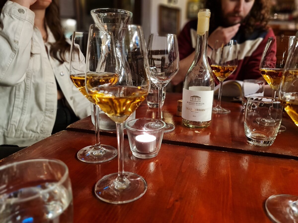 Glasses of Tokaji wine lined up for a tasting at Cintányéros, Budapest