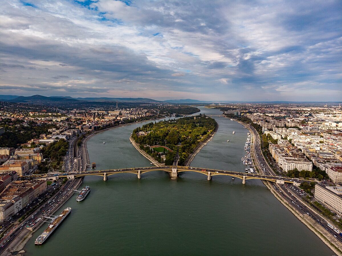 Margaret Island and Margaret Bridge over the Danube, seen from above, Budapest