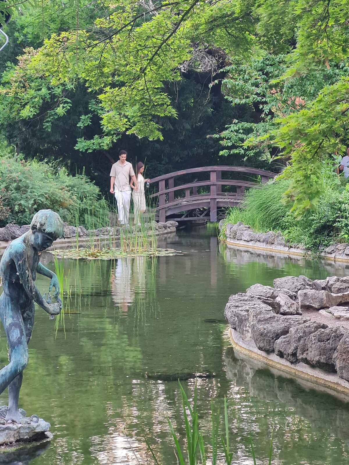 Wooden footbridge over the lily pond in the Japanese Garden, Margaret Island, Budapest