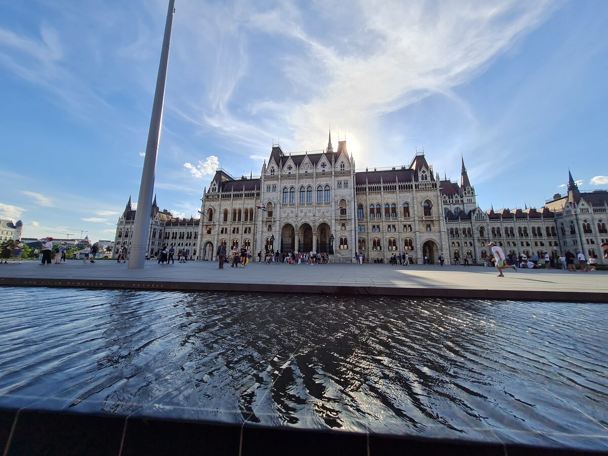 Hungarian Parliament Building reflected in water, Budapest at dusk