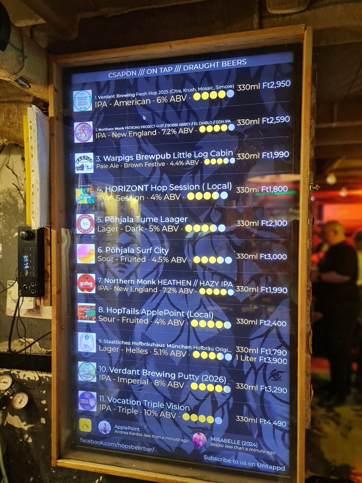Digital tap menu at HOPS Beer Bar Budapest showing international craft beers from the UK and Denmark