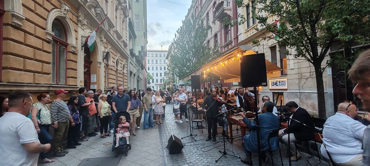 Traditional Hungarian folk music band performing on the street outside Mixát Udvar Budapest