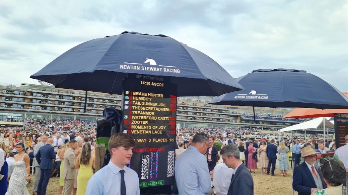 Newton Stewart Racing betting board at Royal Ascot showing odds for the 14:30 race with thousands of racegoers behind