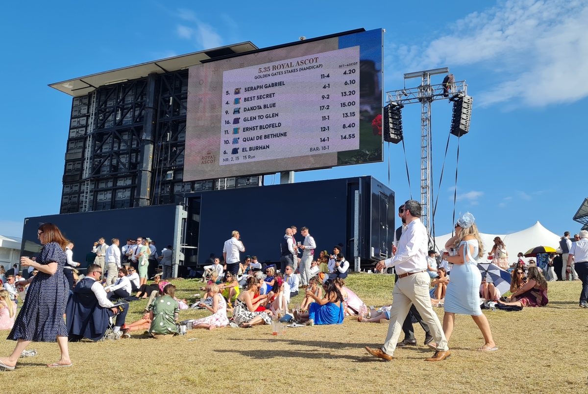 Late afternoon at Royal Ascot — racegoers sitting on the grass as the big screen shows the 5.35 race card
