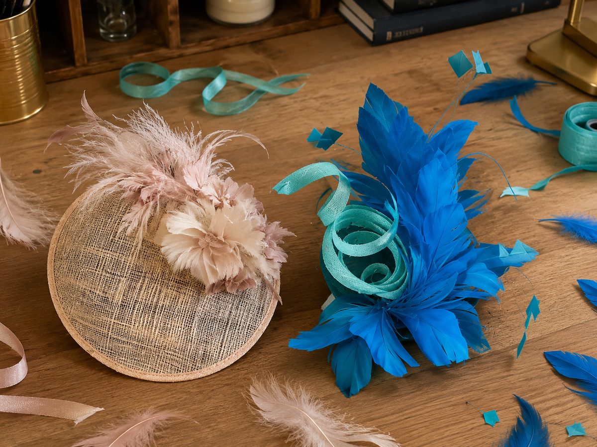 Two Royal Ascot fascinators — a beige sinamay with pink feathers and a blue feather headpiece — laid out on a wooden table