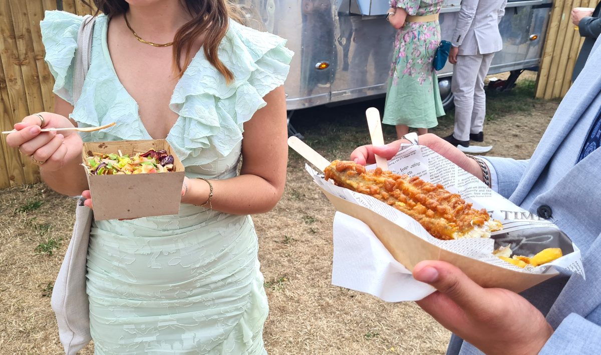 Street food at Royal Ascot — a salad box and fish and chips wrapped in newspaper from the Village Enclosure stalls