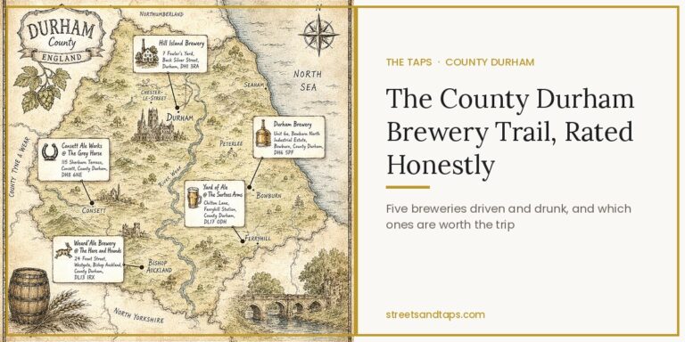 Illustrated map of County Durham showing five breweries with their addresses