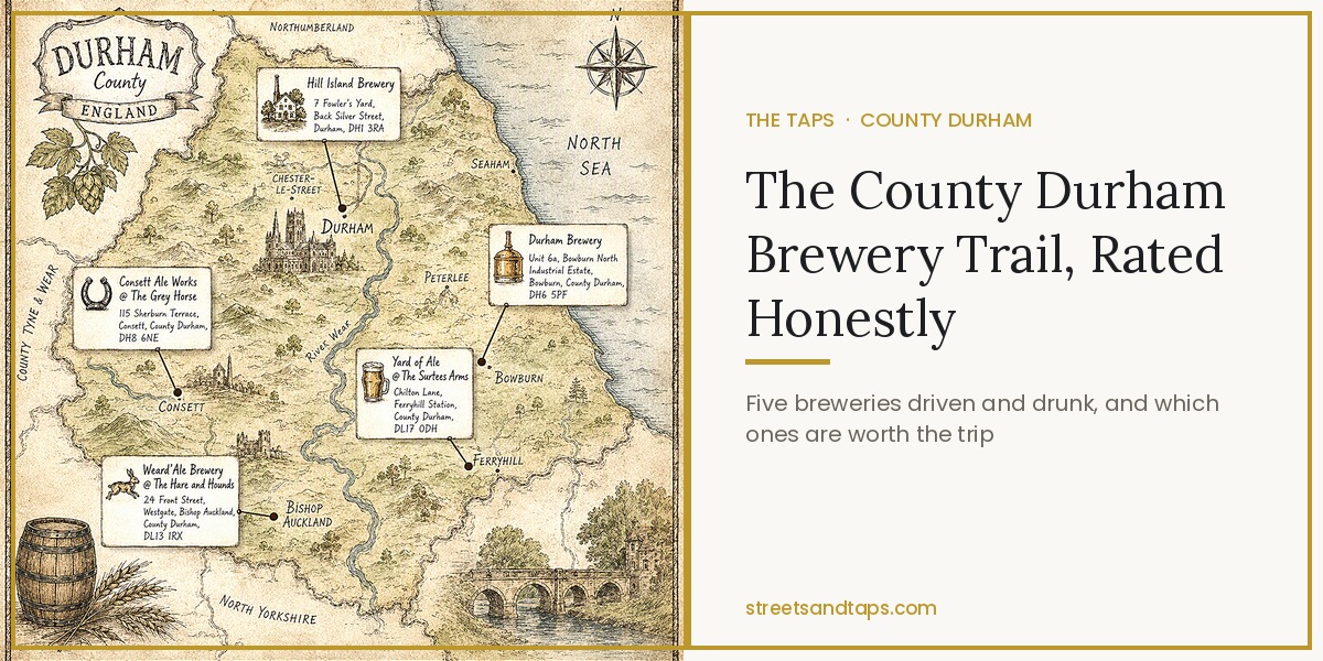 Illustrated map of County Durham showing five breweries with their addresses