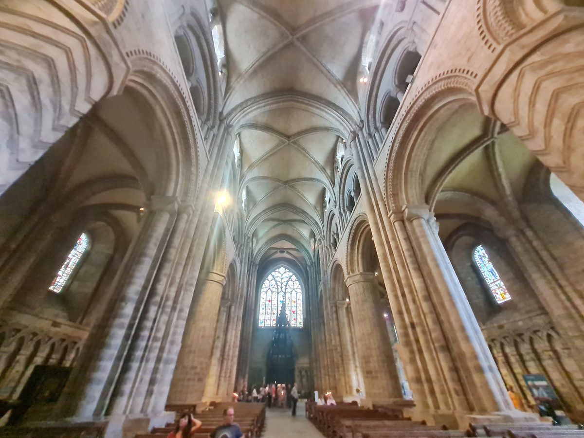 The Norman nave of Durham Cathedral with its massive carved stone pillars
