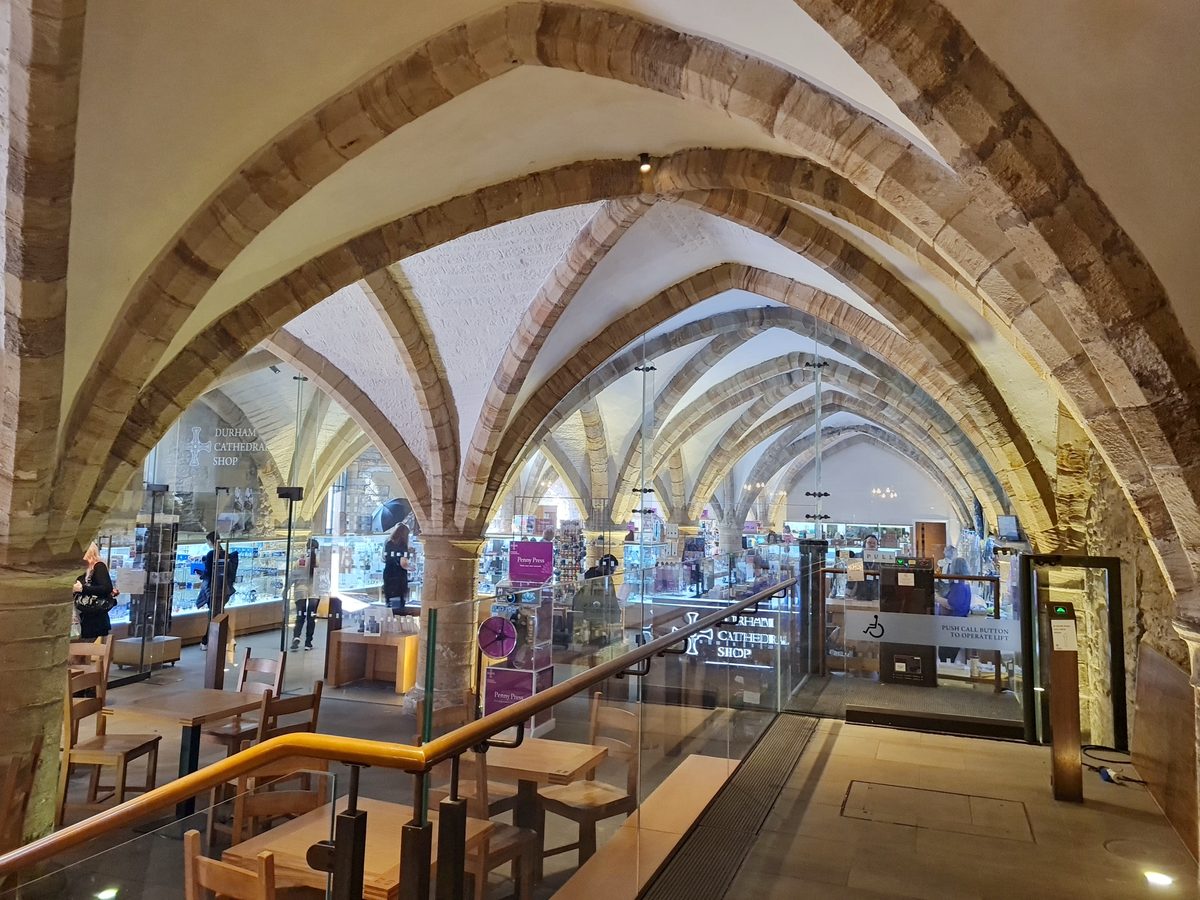 Vaulted stone ceiling above the Undercroft cafe inside Durham Cathedral