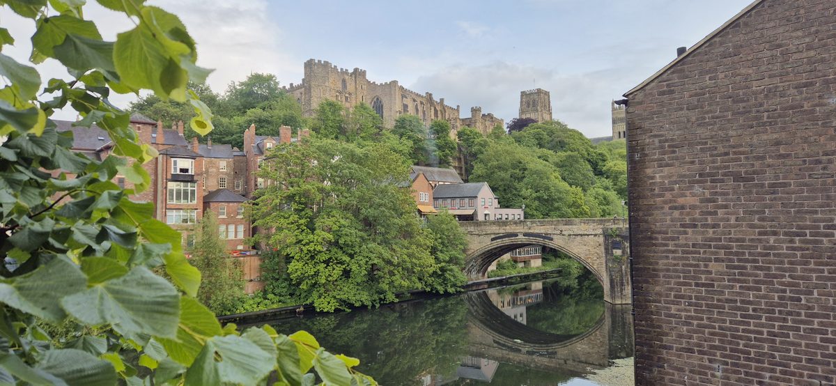 Framwellgate Bridge over the River Wear with Durham Castle on the hill above