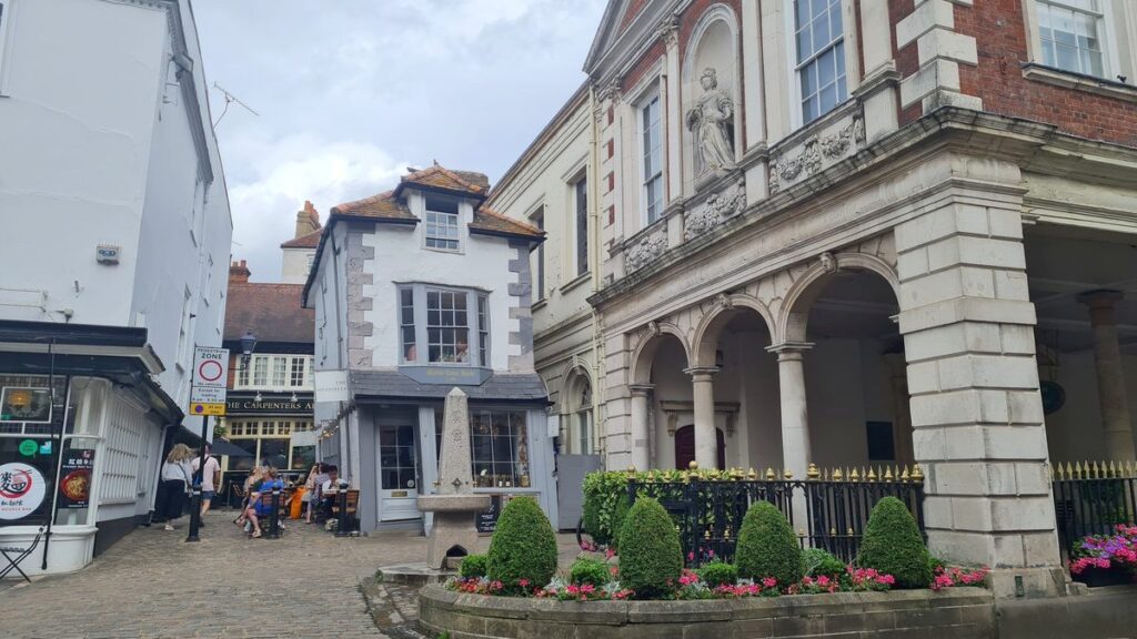 The Crooked House of Windsor leaning beside the Guildhall on the old market square
