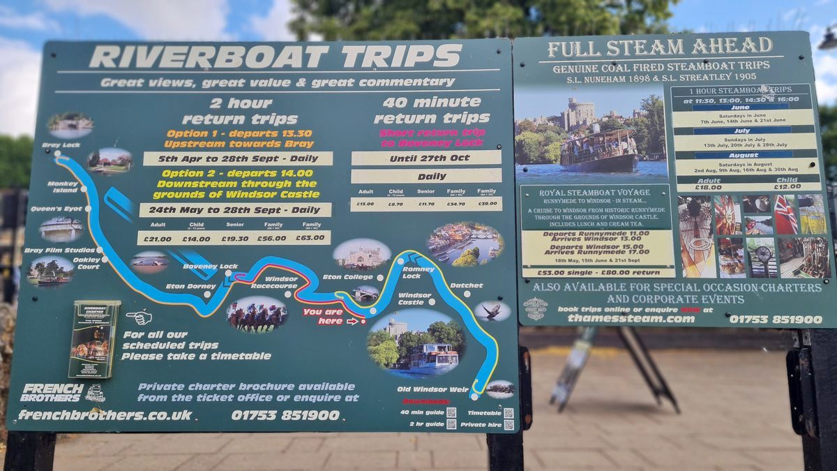 French Brothers riverboat trips sign at Windsor Promenade showing routes and fares
