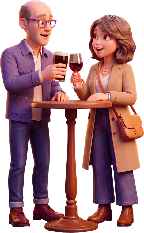 Olesia and Ian (avatars) raising a glass