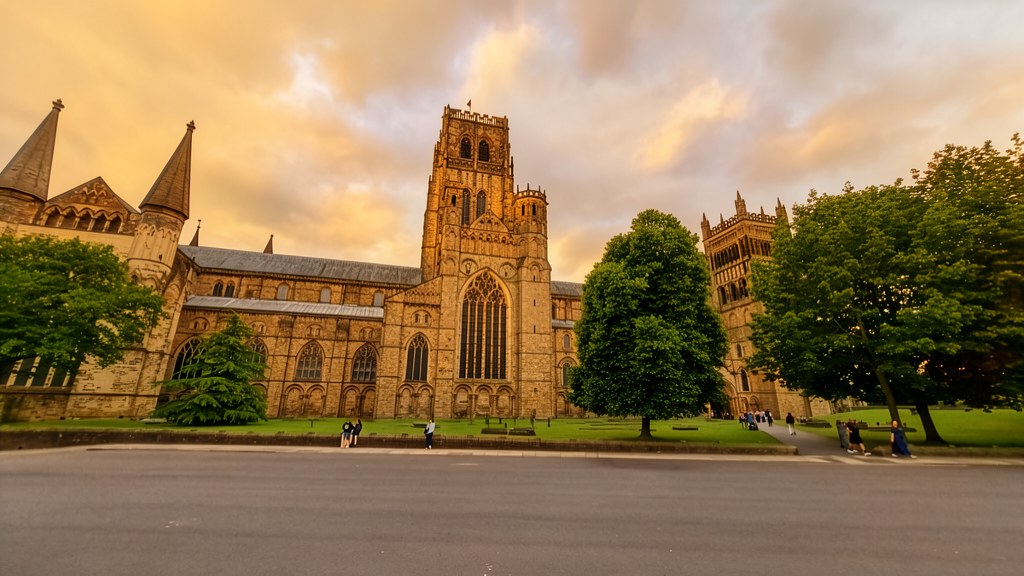 Durham Cathedral from Palace Green in golden evening sun