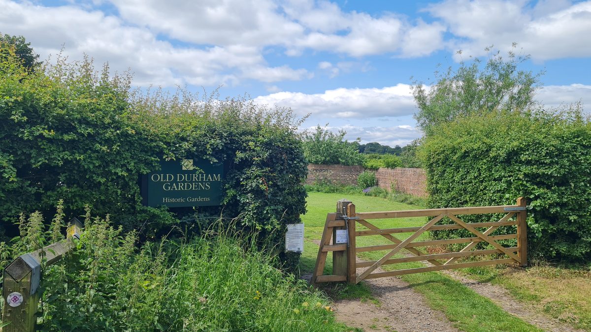 Entrance gate and sign at Old Durham Gardens, Durham