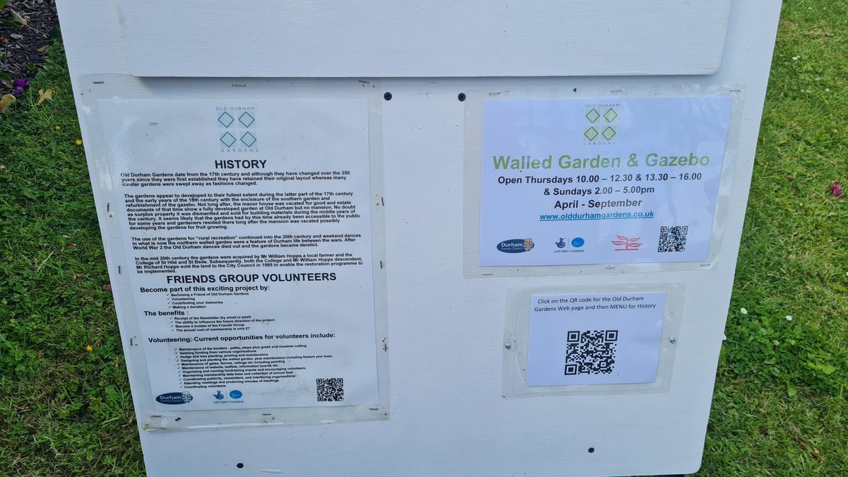 Information board showing opening hours for the walled garden and gazebo at Old Durham