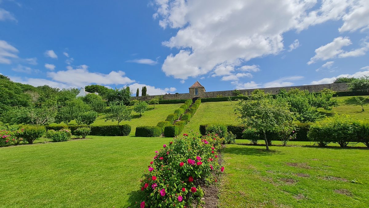 Terraces, hedges and roses inside Old Durham Gardens, Durham