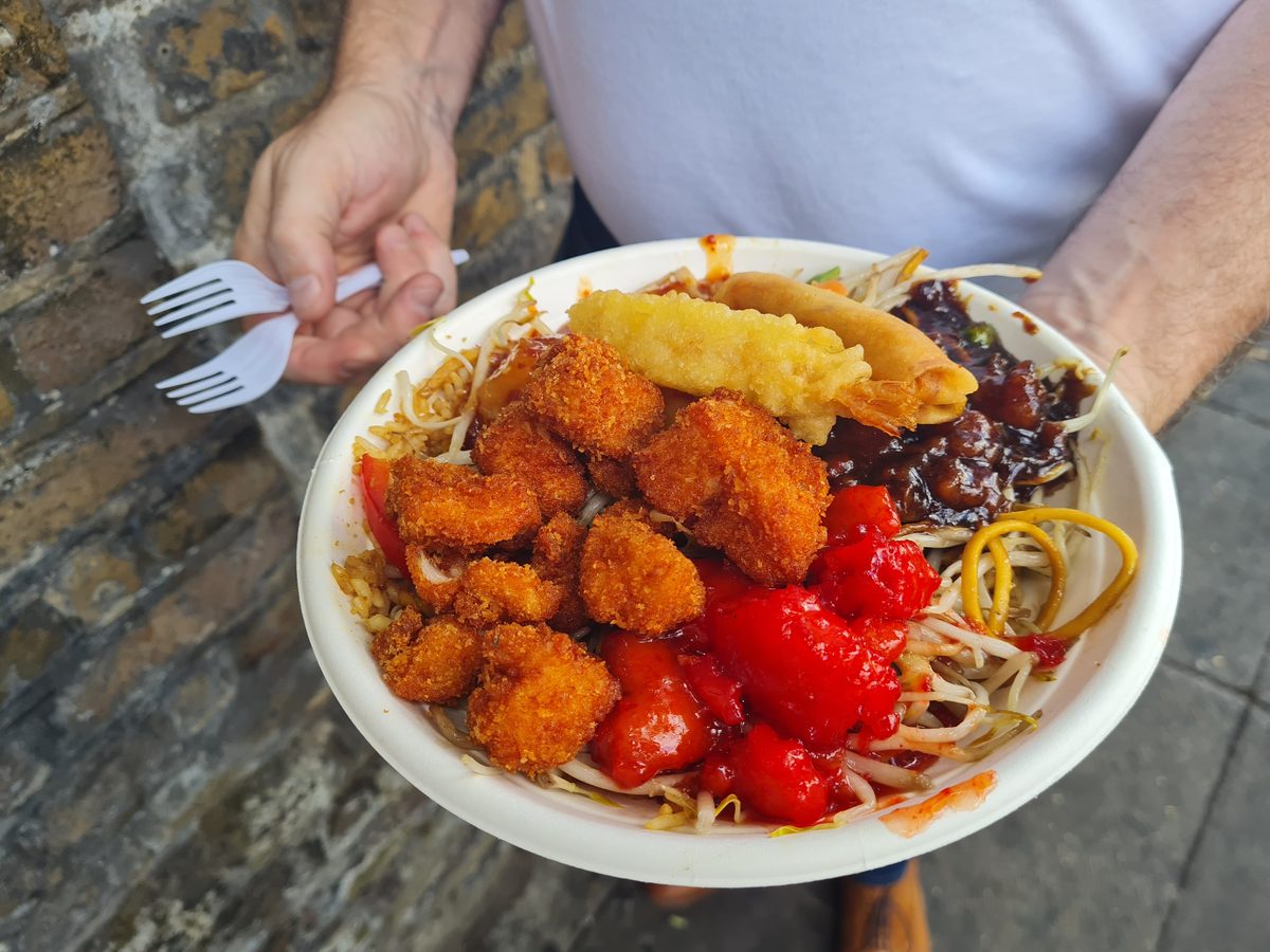 Malaysian street food plate from a stall in Camden Market, London