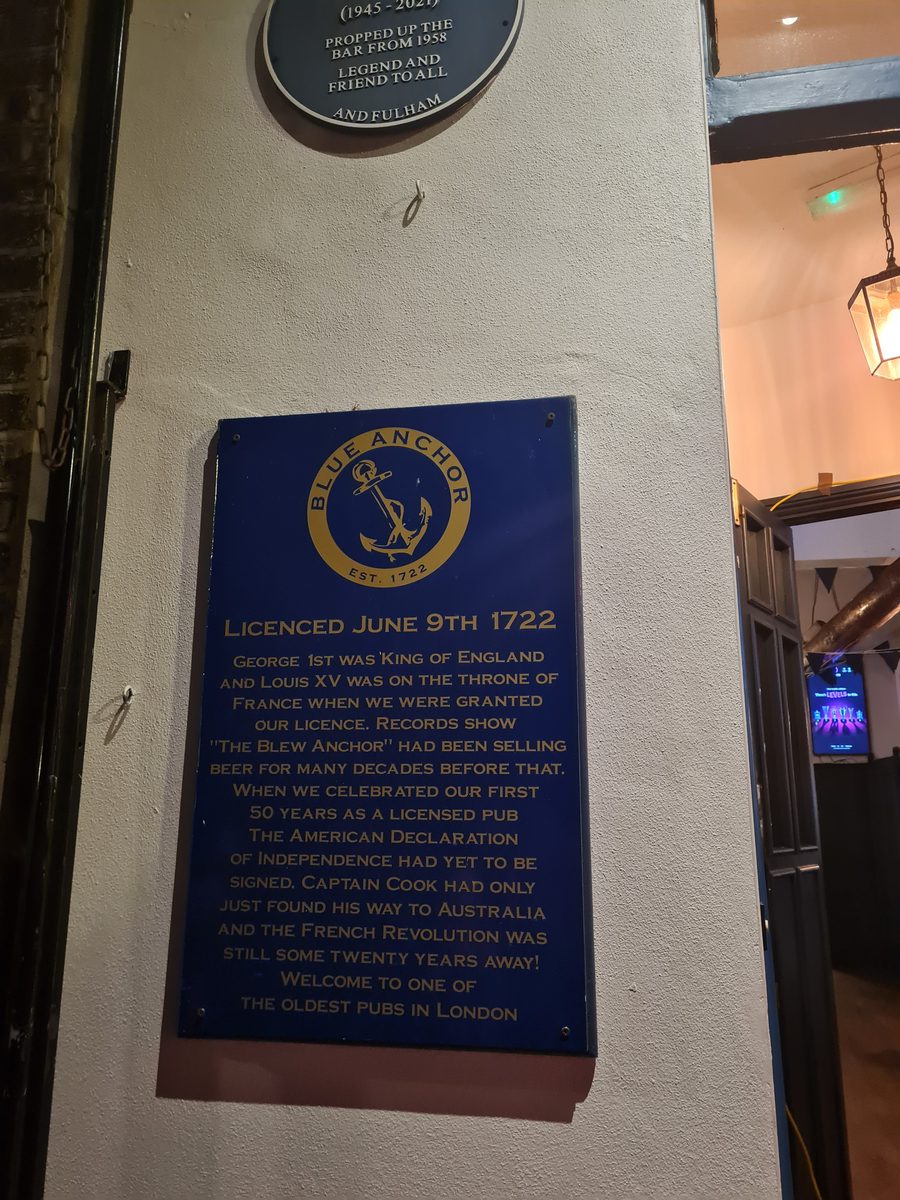 Blue Anchor pub plaque reading licensed June 9th 1722, Hammersmith, London
