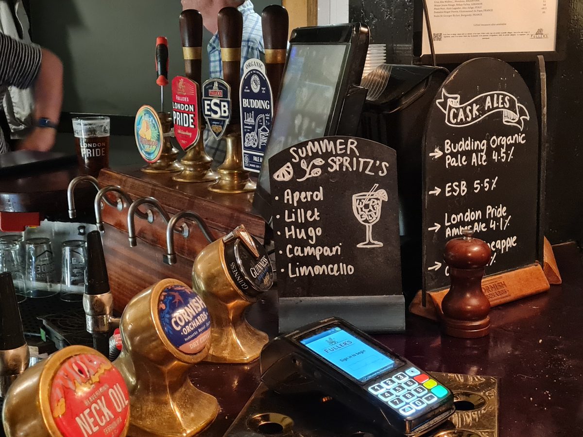 Cask ale board at The Dove, Hammersmith, listing Budding organic pale ale from Stroud Brewery