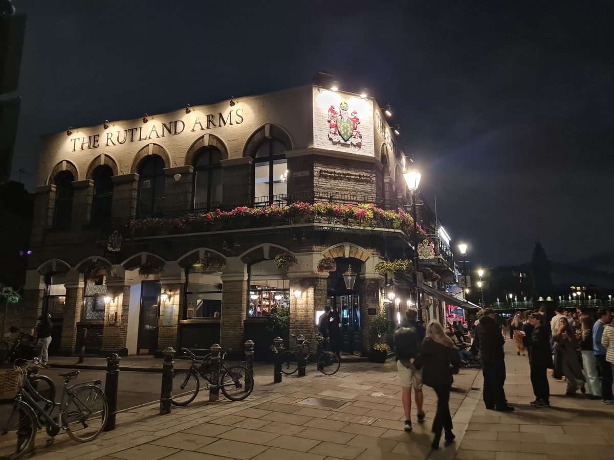 The Rutland Arms on Lower Mall, Hammersmith, busy outside on a Saturday night