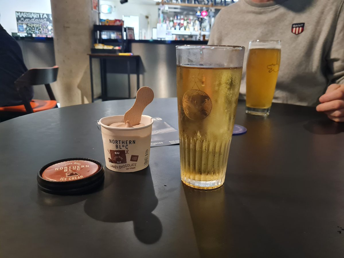 Ice cream and a beer at the Riverside Studios bar, Hammersmith, London