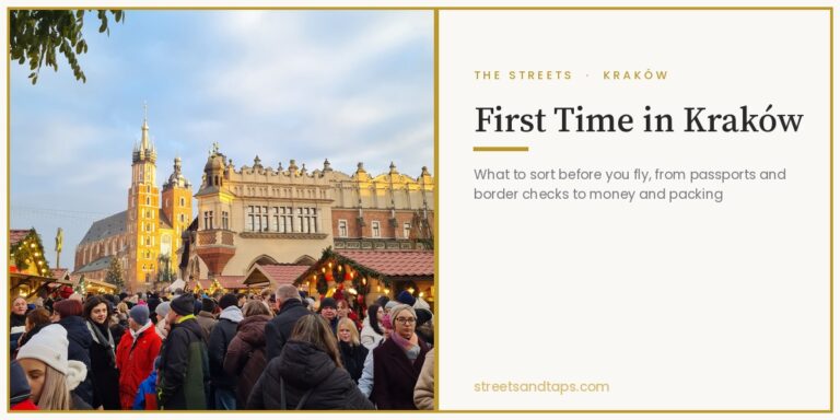 First Time in Kraków cover: St Mary's Basilica and the Cloth Hall above the Christmas market crowds, beside the title panel