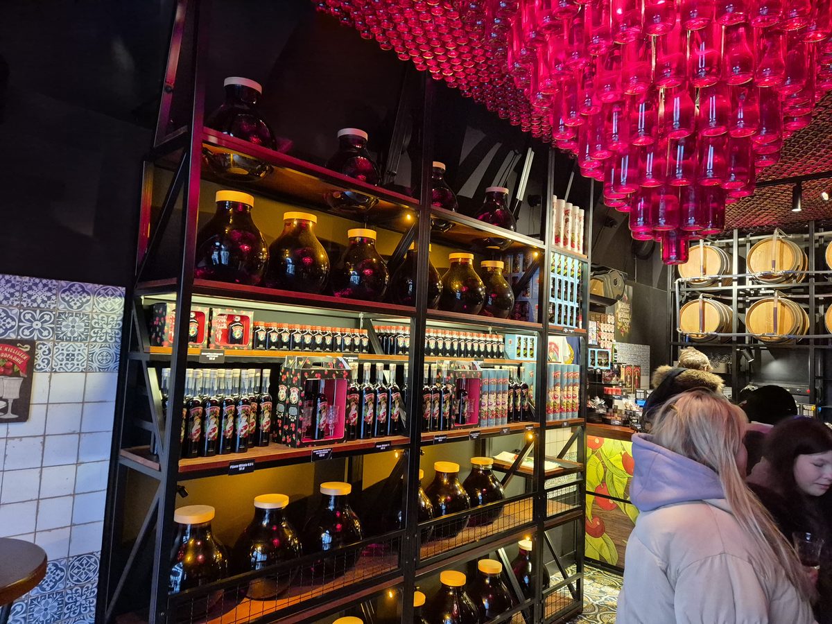 Pijana Wiśnia cherry wine bar with a ceiling of red glass bottles, Kraków