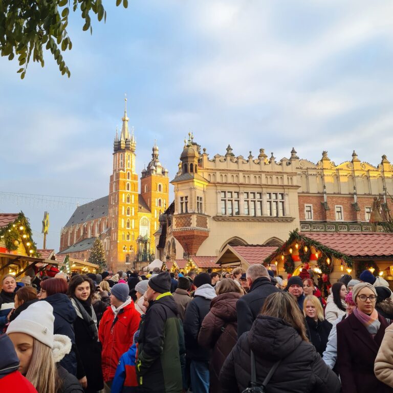 St Mary's Basilica and the Cloth Hall above the Christmas market on Kraków's Main Square