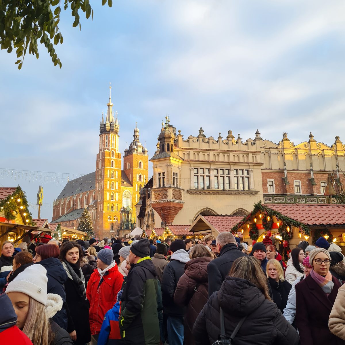 St Mary's Basilica and the Cloth Hall above the Christmas market stalls, Kraków