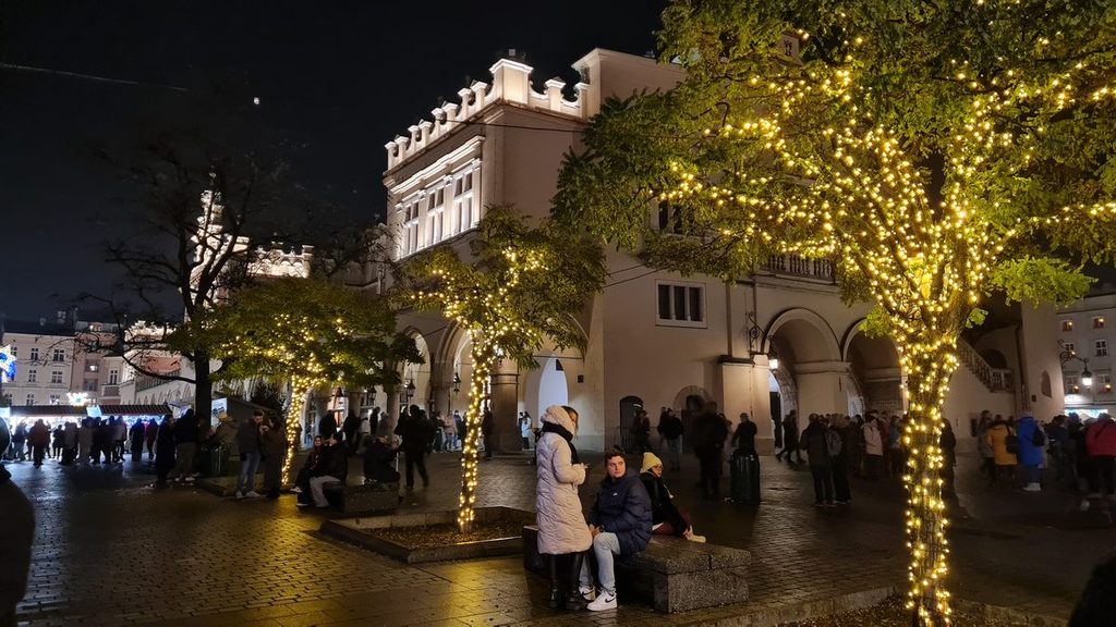 Lit Christmas trees in front of the Cloth Hall at night, Kraków