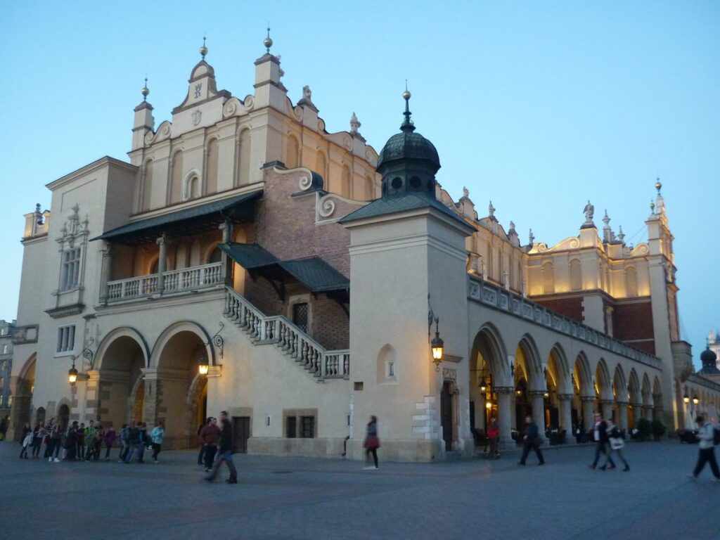 The Cloth Hall (Sukiennice) and its outside staircase at dusk, Kraków