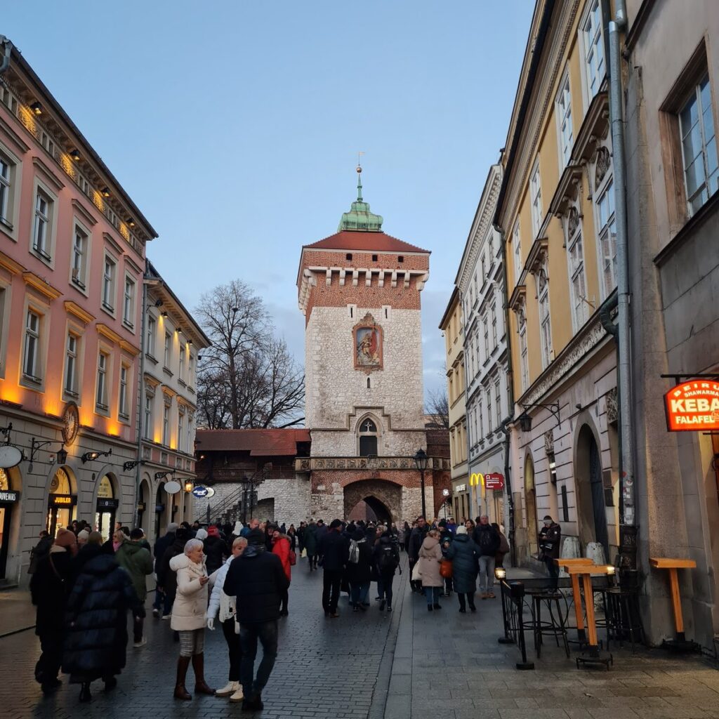 Floriańska Street leading to the Florian Gate in December, Kraków
