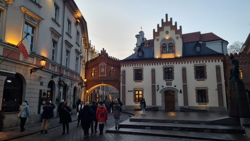The surviving city walls and the covered arch over Pijarska Street, beside the Florian Gate, Kraków