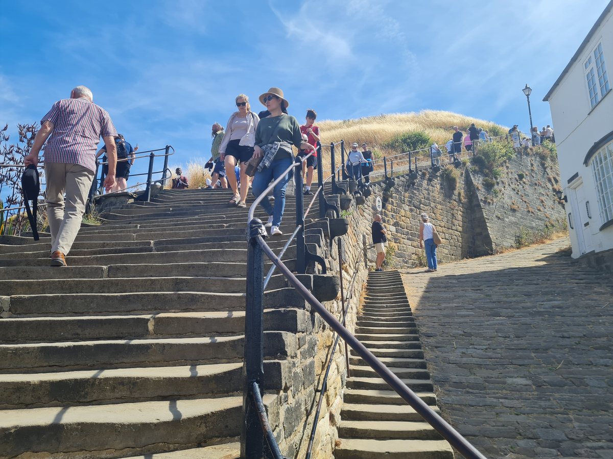 People climbing the 199 steps towards Whitby Abbey