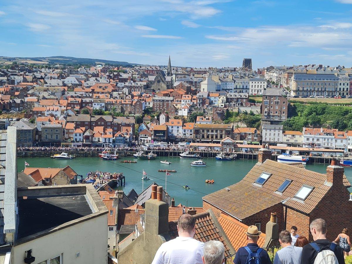 Whitby's red rooftops and harbour seen from the 199 steps
