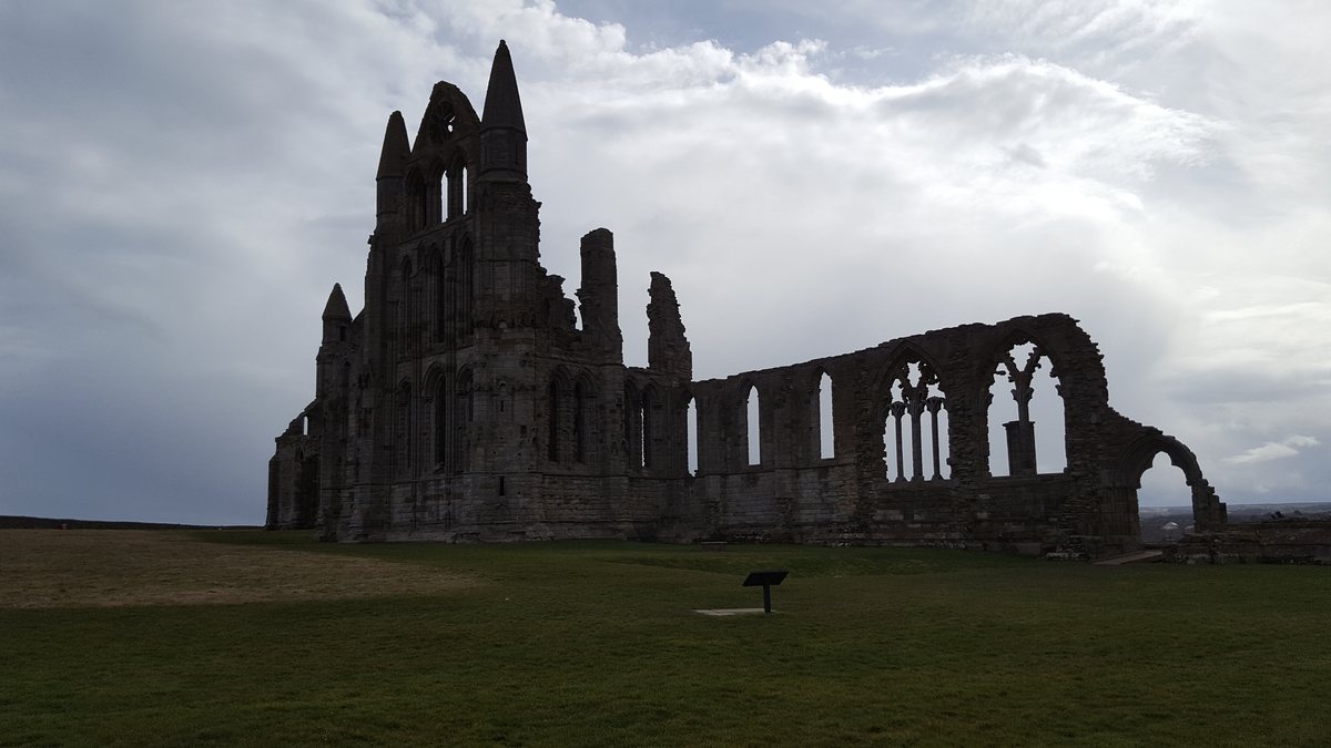 The ruins of Whitby Abbey under heavy cloud