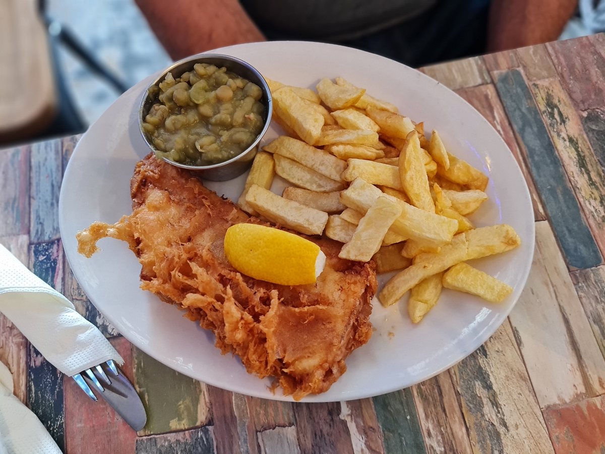 Fish and chips with mushy peas at Abbey Wharf, Whitby