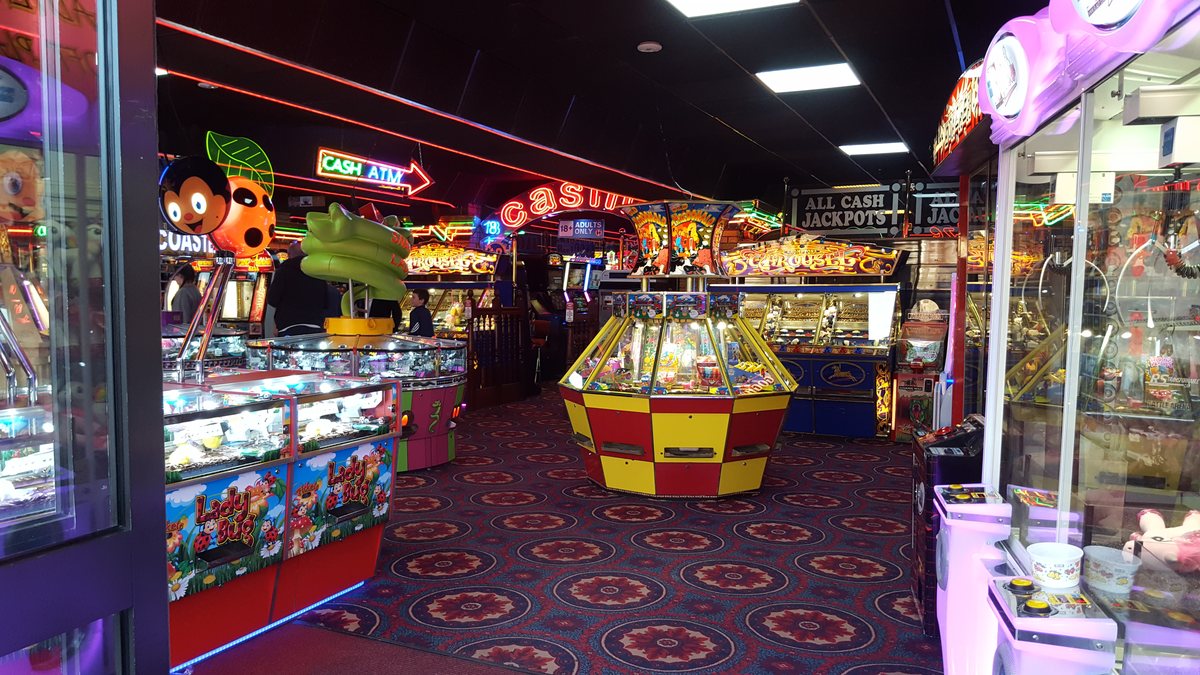 Inside a lit amusement arcade in Whitby
