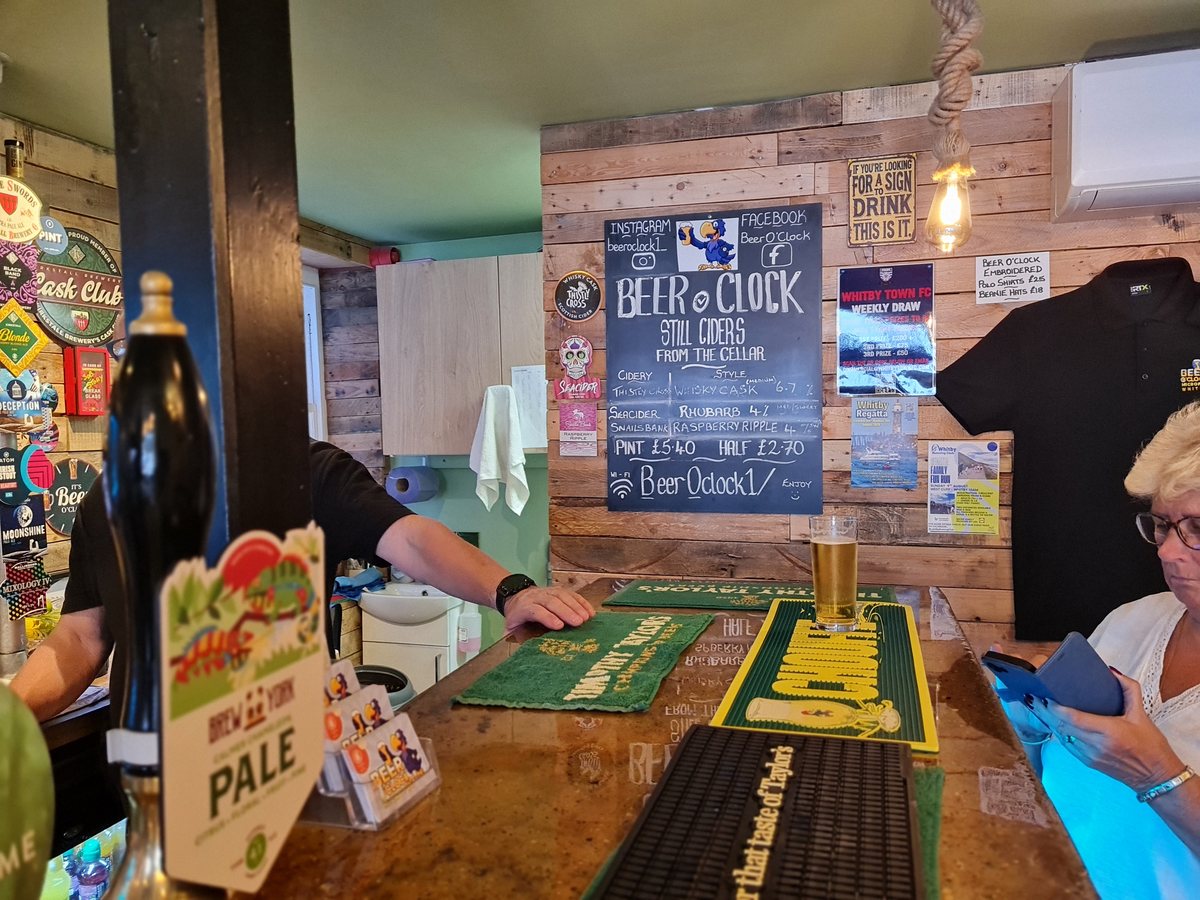 Chalkboard listing still ciders from the cellar at Beer O’Clock micropub, Whitby