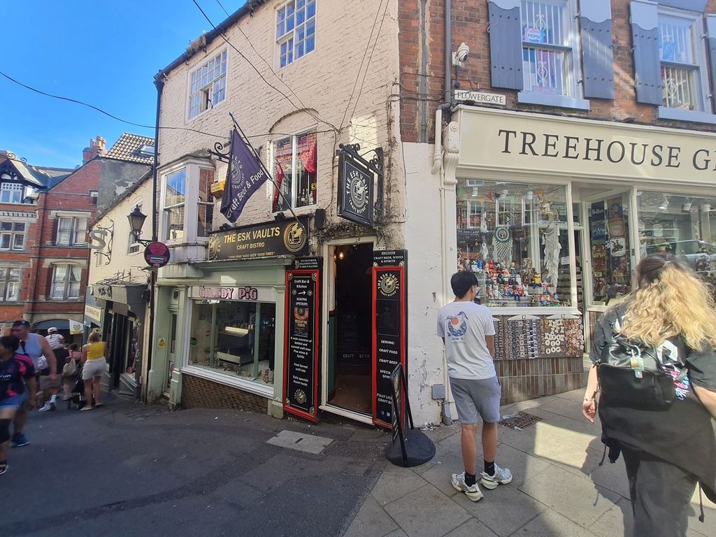 The hanging sign for The Esk Vaults above the shops on Golden Lion Bank in Whitby, with The Greedy Pig below it